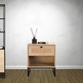 Coastal Modern Side Table with Drawer Natural Birch Wood Top and Black Metal Legs for Living Room Furniture
