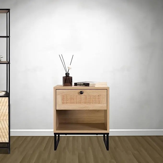 Coastal Modern Side Table with Drawer Natural Birch Wood Top and Black Metal Legs for Living Room Furniture