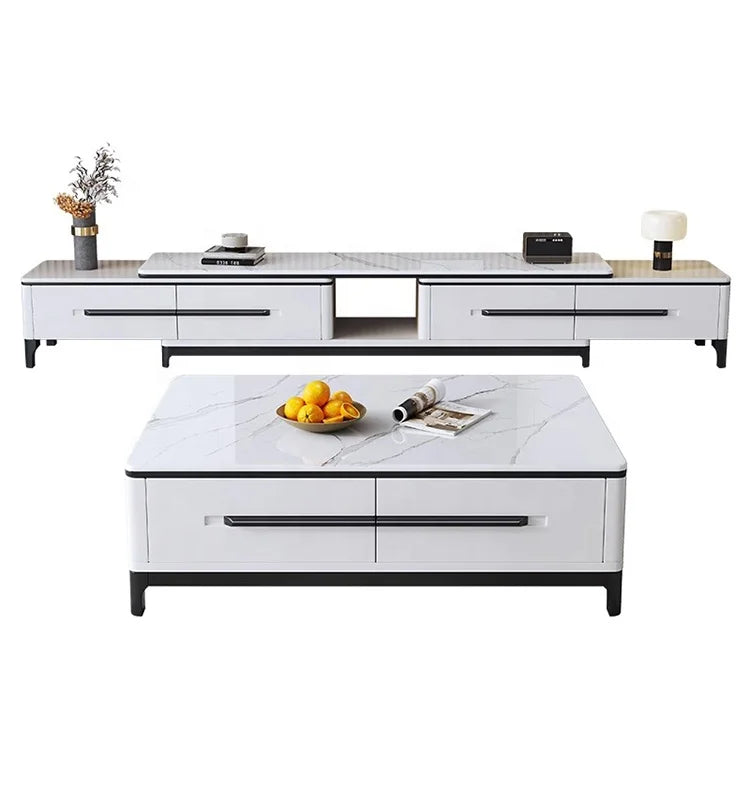 Modern Minimalist Wooden TV Stand and Coffee Table Set with Panel Design Extendable Foldable Living Room Furniture