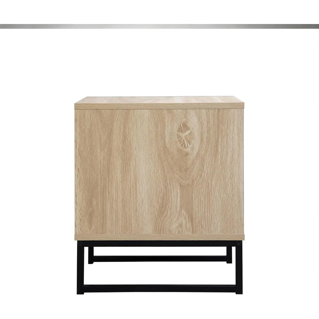 Coastal Modern Side Table with Drawer Natural Birch Wood Top and Black Metal Legs for Living Room Furniture