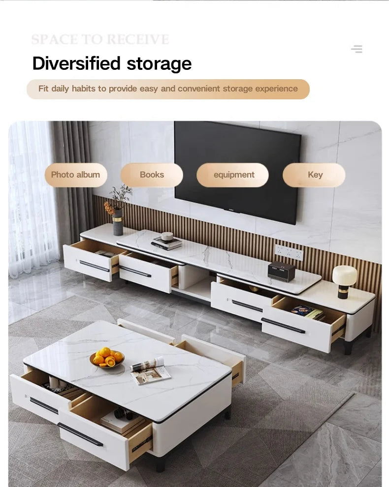Modern Minimalist Wooden TV Stand and Coffee Table Set with Panel Design Extendable Foldable Living Room Furniture