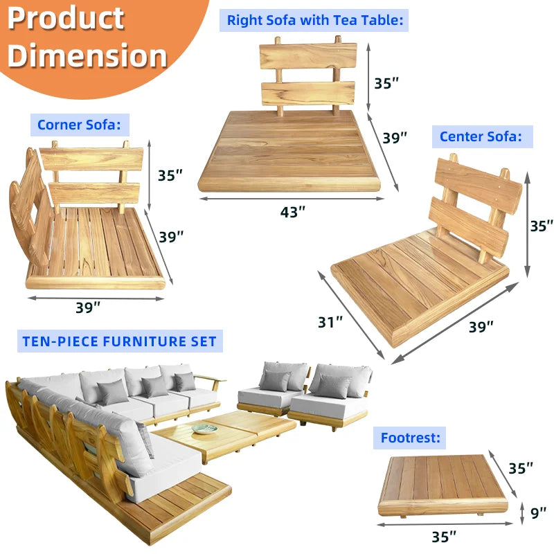 Luxury Balcony Aluminum Rattan Teak Wood Patio Garden Funiture Out Door Outdoor Sofa Outside Furniture De Outdoor Set Waterproof