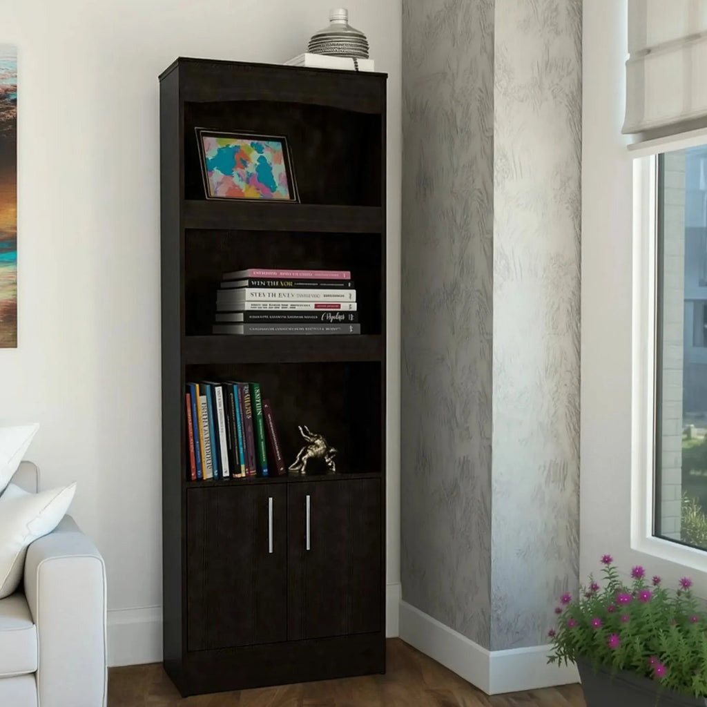 HMS 71 Light Gray Three-Tier Wood Bookcase with Two Doors for Home Office Workshop Living Room Functional Living Room Furniture