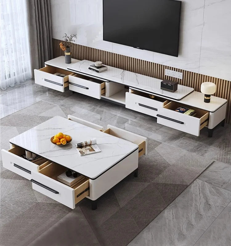 Modern Minimalist Wooden TV Stand and Coffee Table Set with Panel Design Extendable Foldable Living Room Furniture