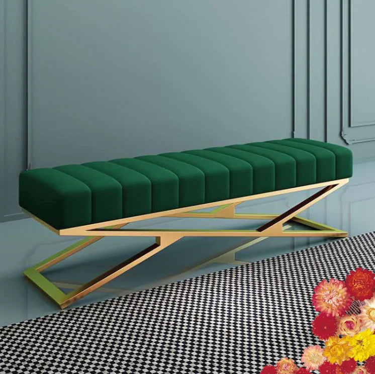 Modern Living Room Bench Stainless Steel Base Velvet Upholstered Fabric Ottoman Stool for Home Hotel Furniture