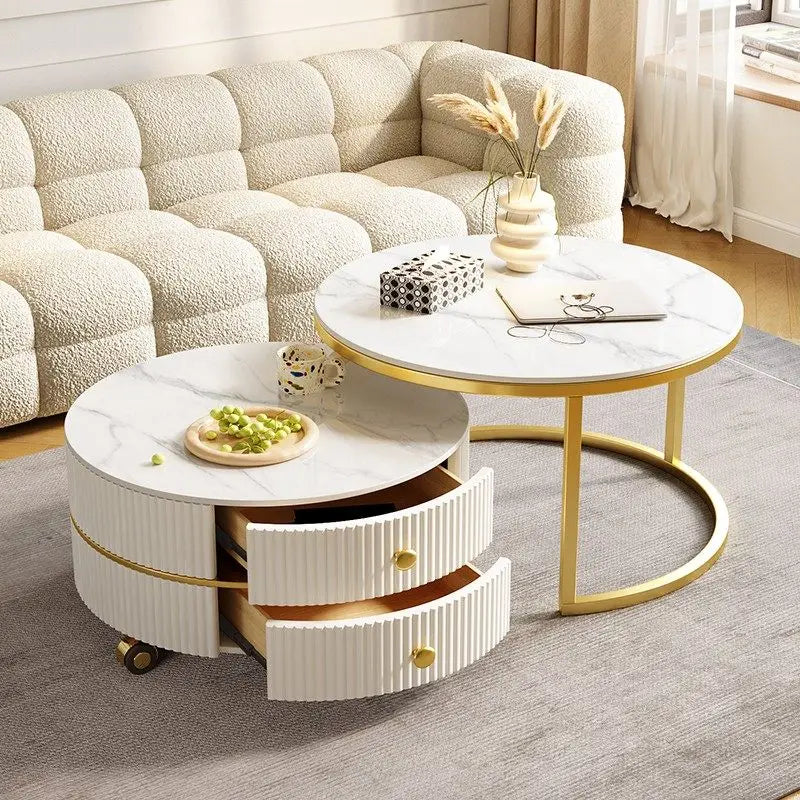 Small Apartment Living Room Modern Rock Slab Movable Coffee Table with Wheels Light Luxury High-End Home Furniture