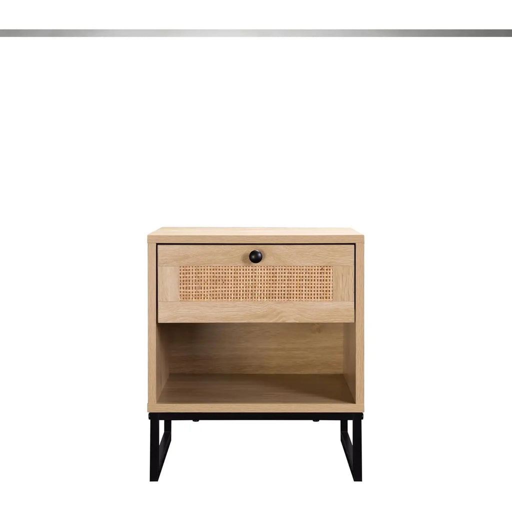 Coastal Modern Side Table with Drawer Natural Birch Wood Top and Black Metal Legs for Living Room Furniture