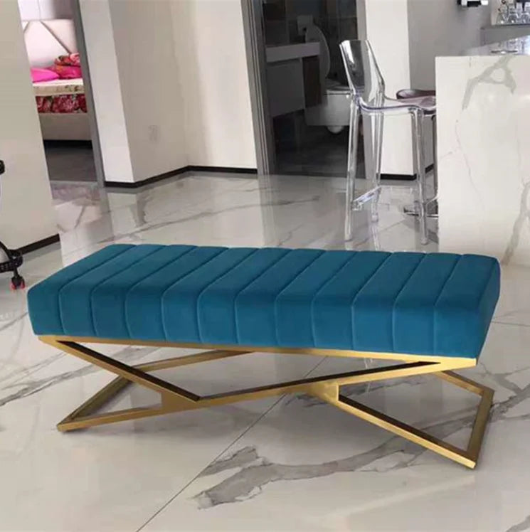 Modern Living Room Bench Stainless Steel Base Velvet Upholstered Fabric Ottoman Stool for Home Hotel Furniture