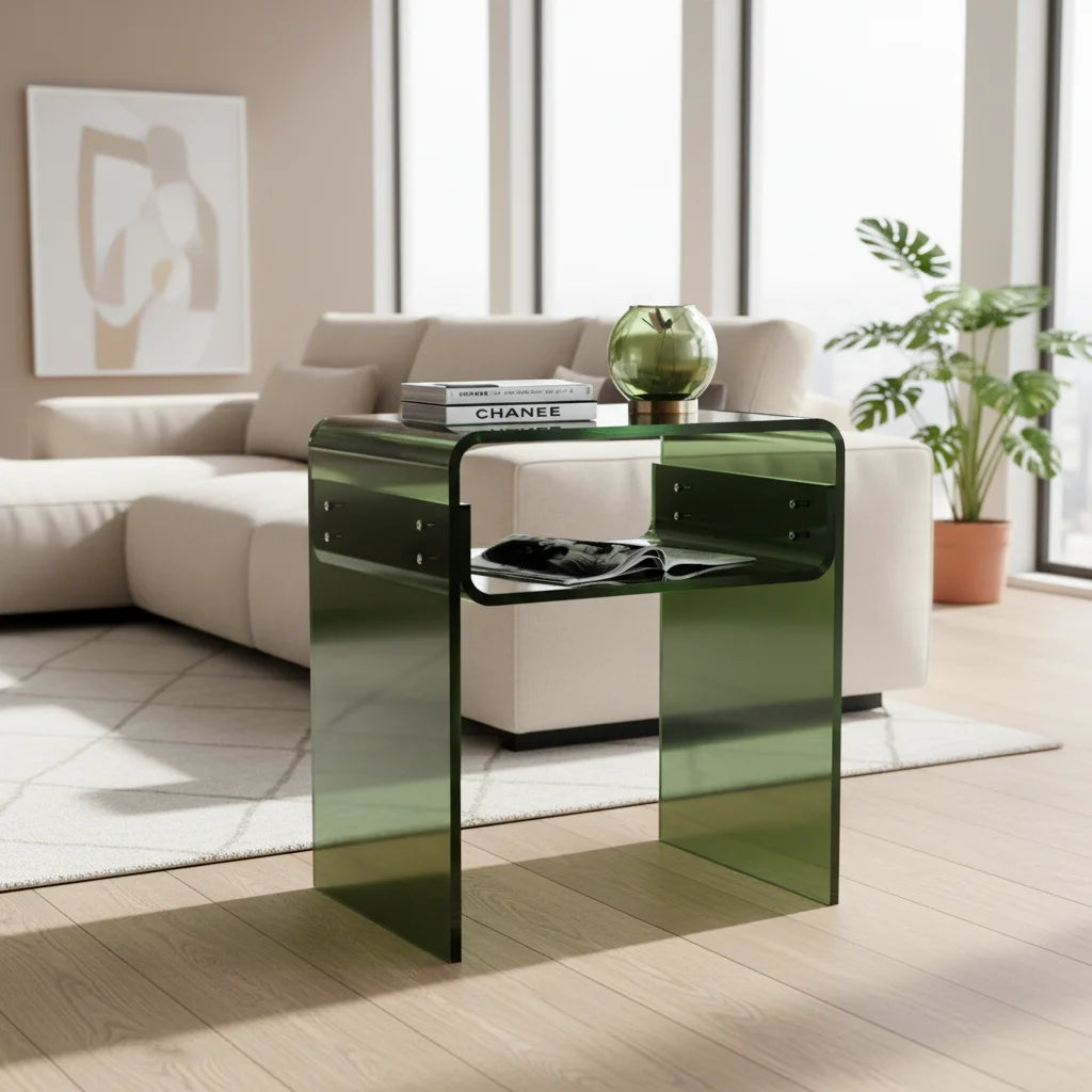 2-Tier Green Acrylic Contemporary Bedside Nightstand Coffee Table for Bedroom and Living Room Home Decor Furniture