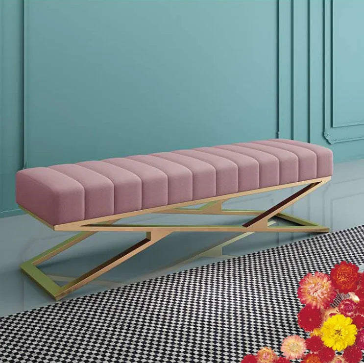Modern Living Room Bench Stainless Steel Base Velvet Upholstered Fabric Ottoman Stool for Home Hotel Furniture