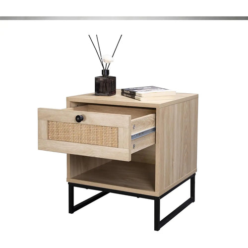 Coastal Modern Side Table with Drawer Natural Birch Wood Top and Black Metal Legs for Living Room Furniture