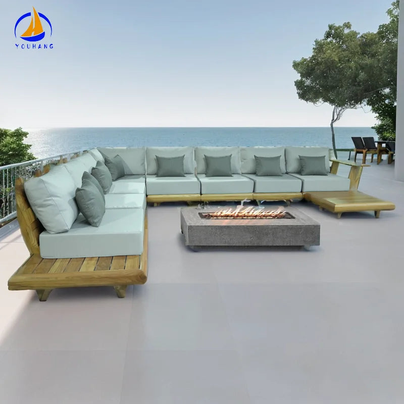 Luxury Balcony Aluminum Rattan Teak Wood Patio Garden Funiture Out Door Outdoor Sofa Outside Furniture De Outdoor Set Waterproof