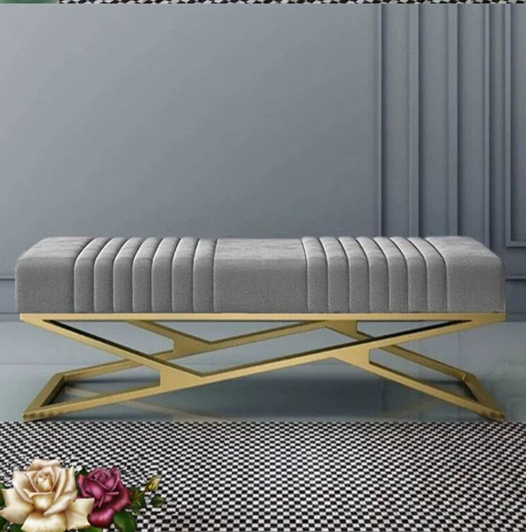 Modern Living Room Bench Stainless Steel Base Velvet Upholstered Fabric Ottoman Stool for Home Hotel Furniture