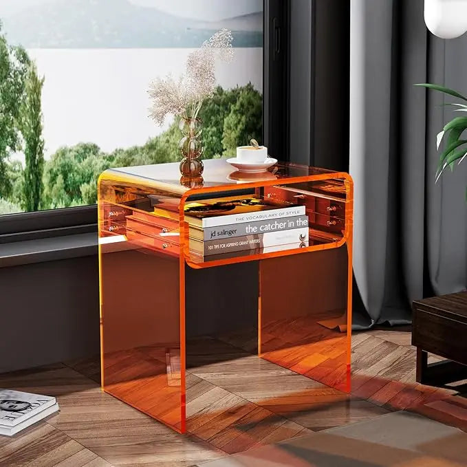 2-Tier Green Acrylic Contemporary Bedside Nightstand Coffee Table for Bedroom and Living Room Home Decor Furniture