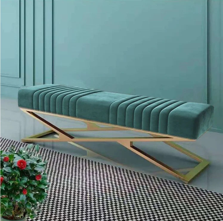Modern Living Room Bench Stainless Steel Base Velvet Upholstered Fabric Ottoman Stool for Home Hotel Furniture