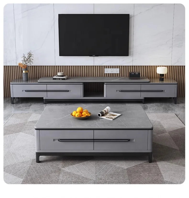 Modern Minimalist Wooden TV Stand and Coffee Table Set with Panel Design Extendable Foldable Living Room Furniture